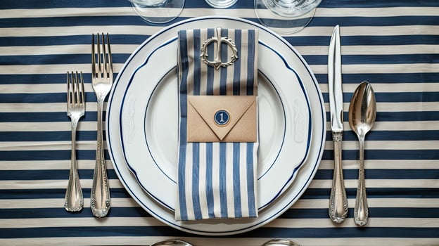 A place setting with a blue and white striped tablecloth photo
