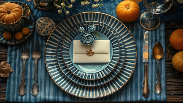 A place setting with a blue and gold tablecloth photo