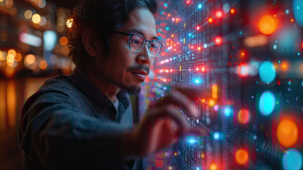 A man in glasses is looking at a computer screen with colorful lights photo