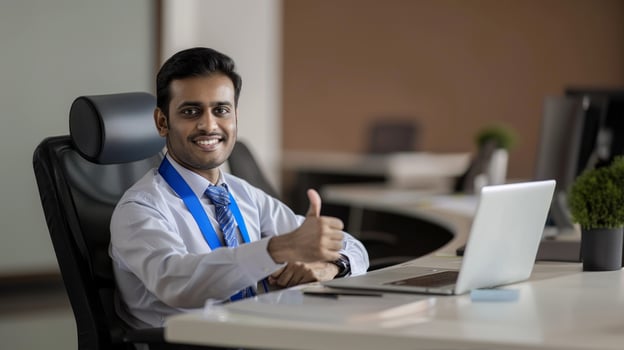 A happy Indian professional man gives a thumbs up while sitting at his desk with a laptop in an office photo