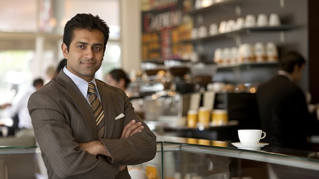 A confident Indian businessman stands at a coffee shop smiling and looking at the camera photo