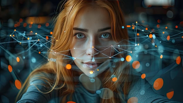 A woman with an orange hair and a face with a network of dots photo