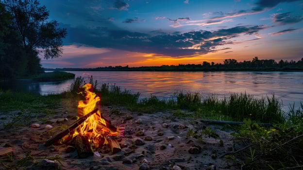 Campfire on the shore of the river at sunset photo