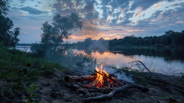 A campfire is lit on the shore of a river photo