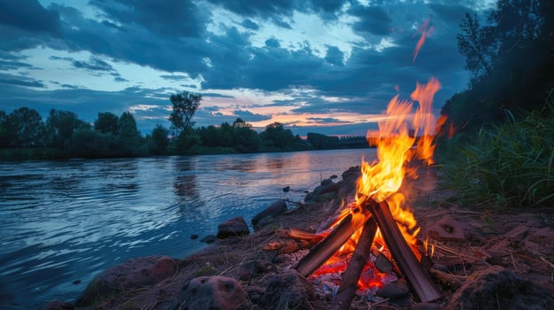 A campfire is lit on the shore of a river at sunset photo