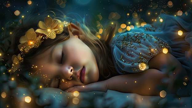 A little girl sleeping in the dark with fairy lights photo