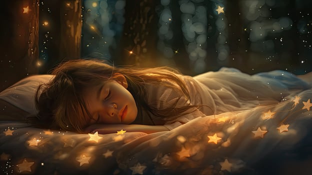A little girl sleeping in a bed with stars photo