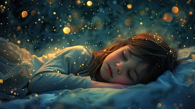 A little girl sleeping in the dark with stars photo