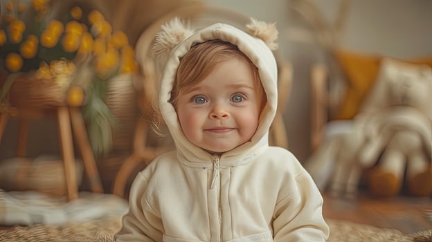 A baby wearing a white hoodie sitting on a rug photo