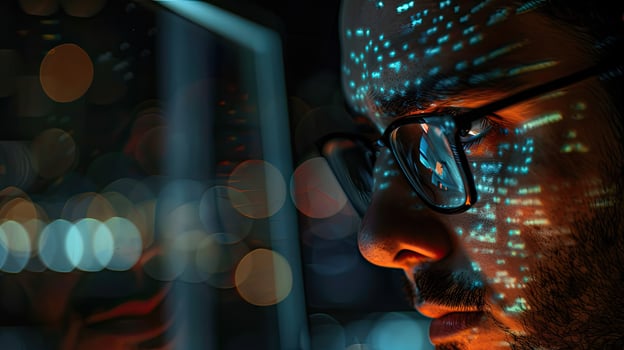 A man with glasses and a computer screen photo