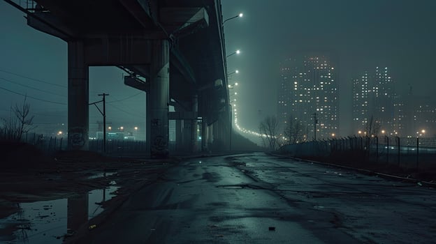 A dark street with a bridge and buildings in the fog photo