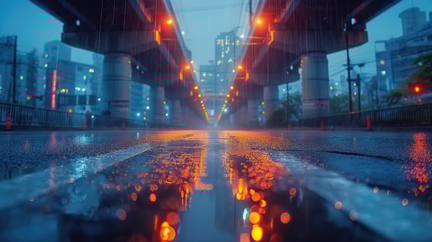 A city street with lights on the road and a bridge photo