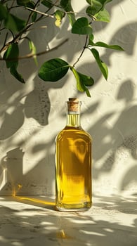 A bottle of olive oil sitting on a table next to a tree photo