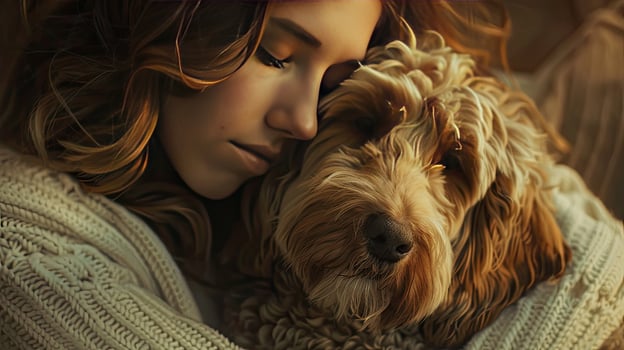 A woman is hugging a dog with the words, the best way to get over someone is photo