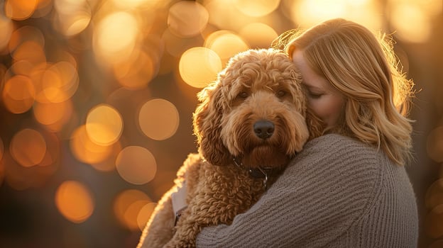 A woman hugging her dog at sunset photo