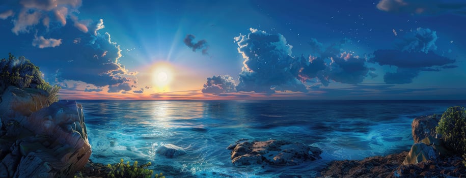 A beautiful sunset over the ocean with rocks and clouds photo