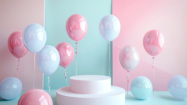 Pink and blue balloons on a cake stand photo