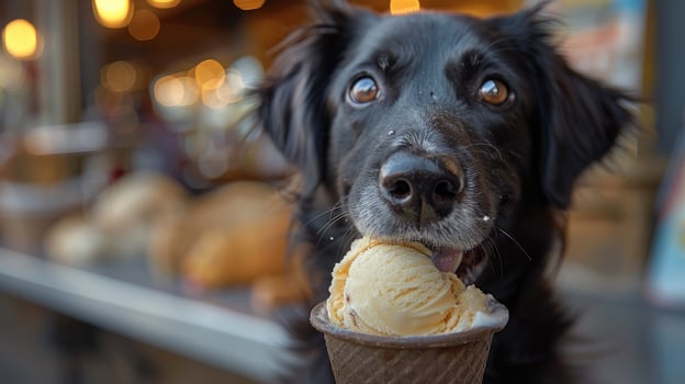 A dog with an ice cream cone in its mouth photo