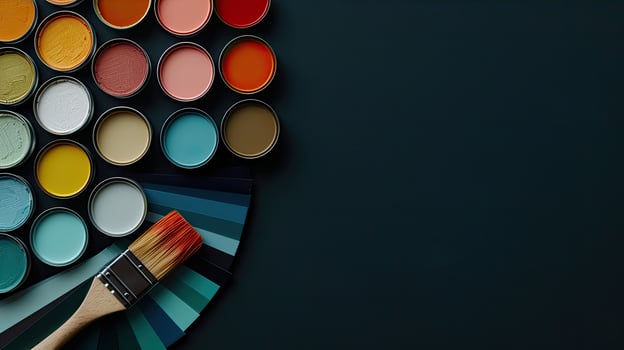 Paint colors and brushes on a black background photo