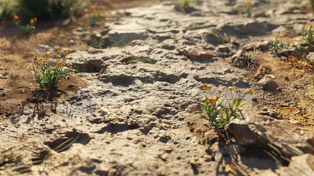 A dirt road with yellow flowers growing in it photo