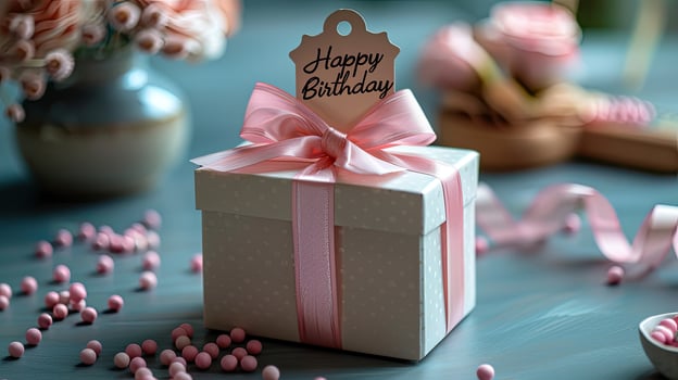 Birthday gift box with pink ribbon and happy birthday tag photo