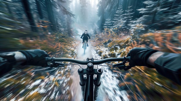 A person riding a mountain bike through a snowy forest photo