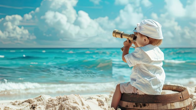 A young boy sitting on the beach looking through a telescope photo