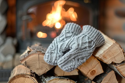 Grey cable-knit mittens exuding rustic charm and winter warmth by the fire. Cozy seasonal scene photo