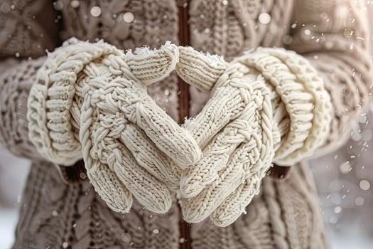 Close-up portrait of woman's hands wearing cream-colored cable-knit mittens. Winter fashion detail photo