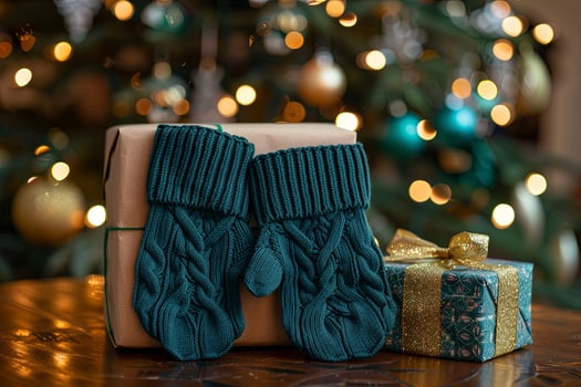 Dark green cable-knit mittens positioned next to a wrapped gift box surrounded by festive holiday decor. Cozy winter setup photo