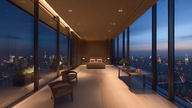 A bedroom with a view of the city at night photo
