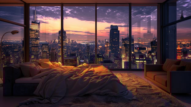 A bedroom with a view of the city skyline at night photo