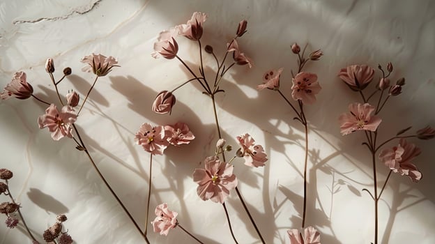 Pink flowers on a white marble surface photo
