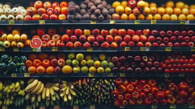 A large display of fruits and vegetables in a grocery store photo