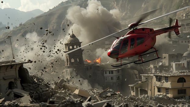 A helicopter is flying over a destroyed city photo