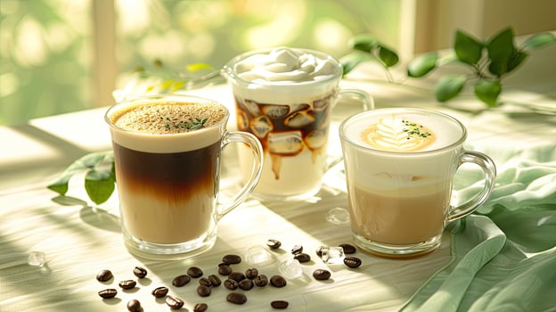 Three different types of coffee drinks sit on a table photo