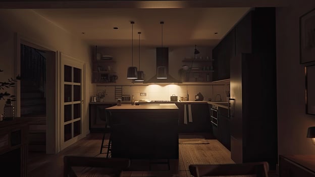 A kitchen with a dark wood floor and a light fixture photo