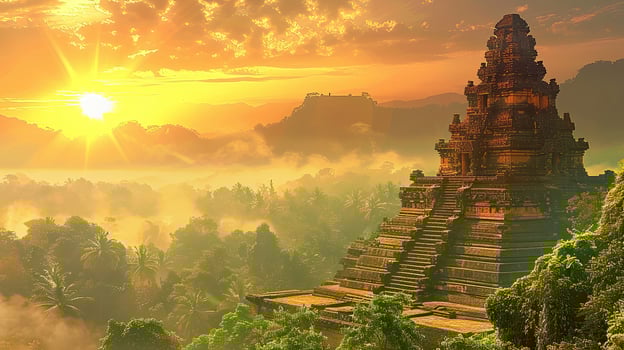 Ancient temple in the jungle at sunrise photo