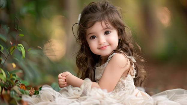 A little girl in a dress sitting on the ground photo