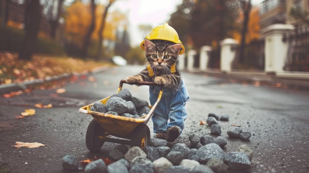 A kitten in a hard hat and overalls carrying a wheelbarrow photo