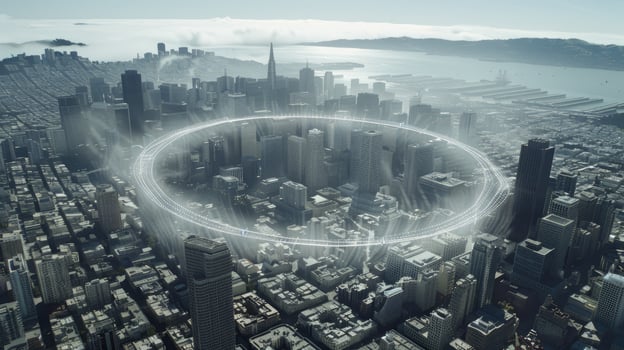 A city with a circular structure in the middle of it photo