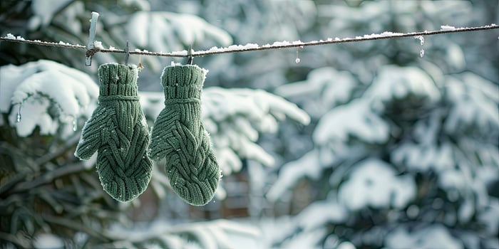 Handmade green cable-knit mittens. Fresh winter charm on rustic clothesline. photo