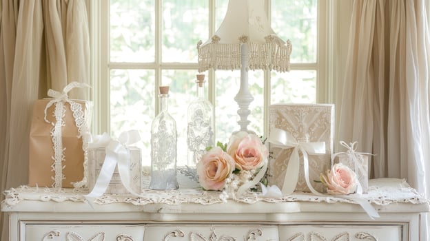 A white dresser with white flowers and a vase photo