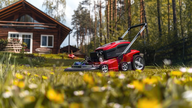 A red lawn mower is in front of a cabin photo