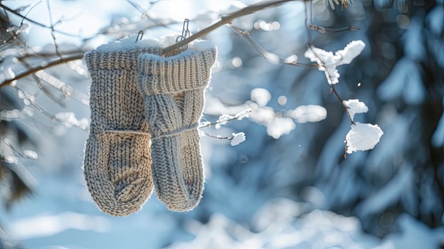 Rustic winter scene Cable-knit mittens hanging on snowy clothesline photo
