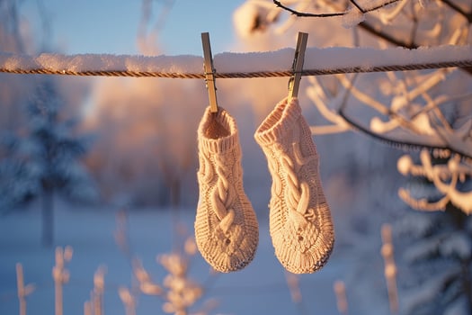 Winter scene with handmade cable-knit mittens hanging on rustic clothesline photo