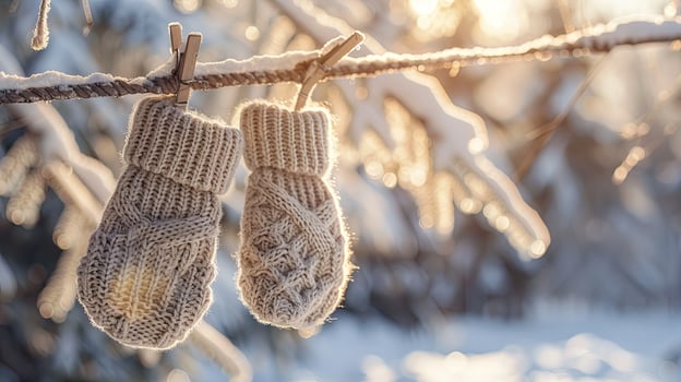 Cozy winter vibes Cable-knit mittens hung on rustic clothesline in snow photo