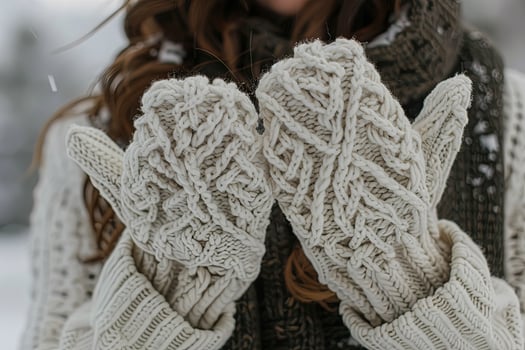 Handmade cable-knit mittens for embracing winter's warmth and comfort. photo