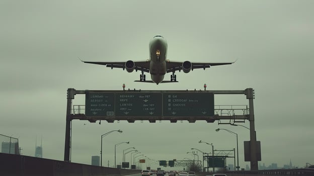 A plane flying over a highway photo