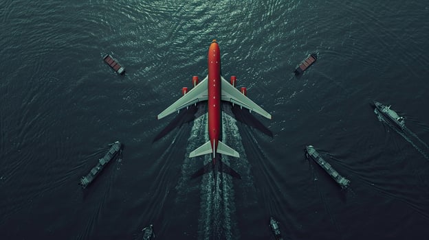 A red airplane flying over water photo